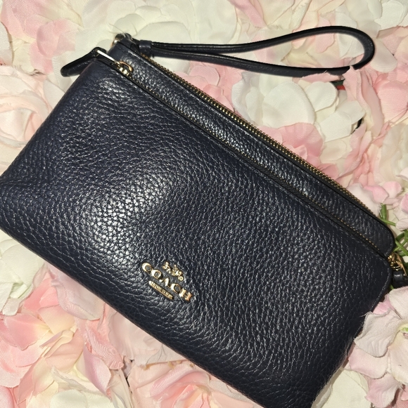 Coach Handbags - Coach Dark Blue Double Zip Wristlet Clutch Bag